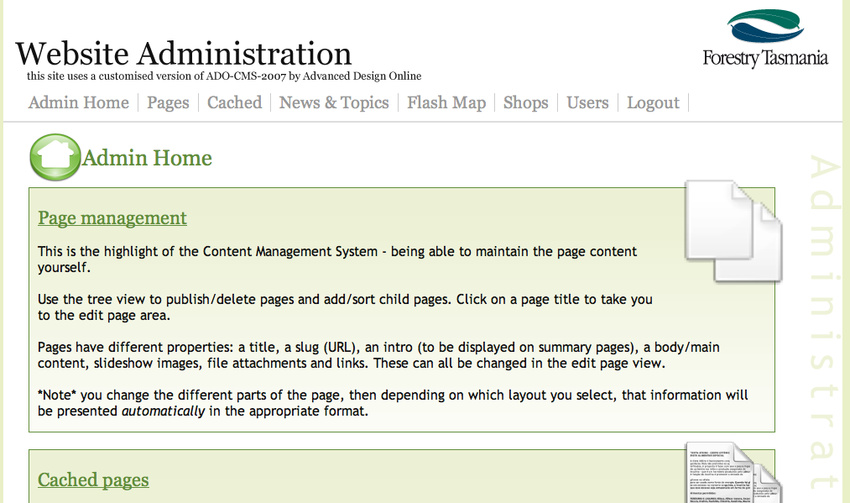 Admin homepage