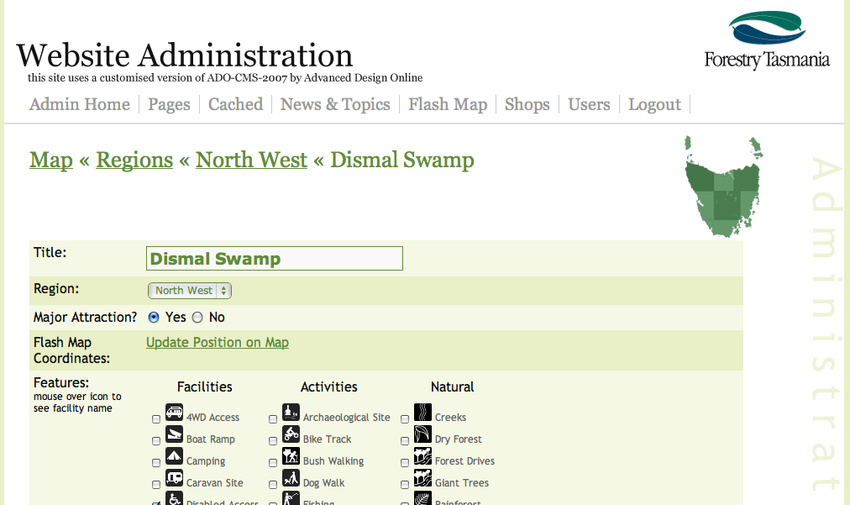 Map administration - updating details of a destination
