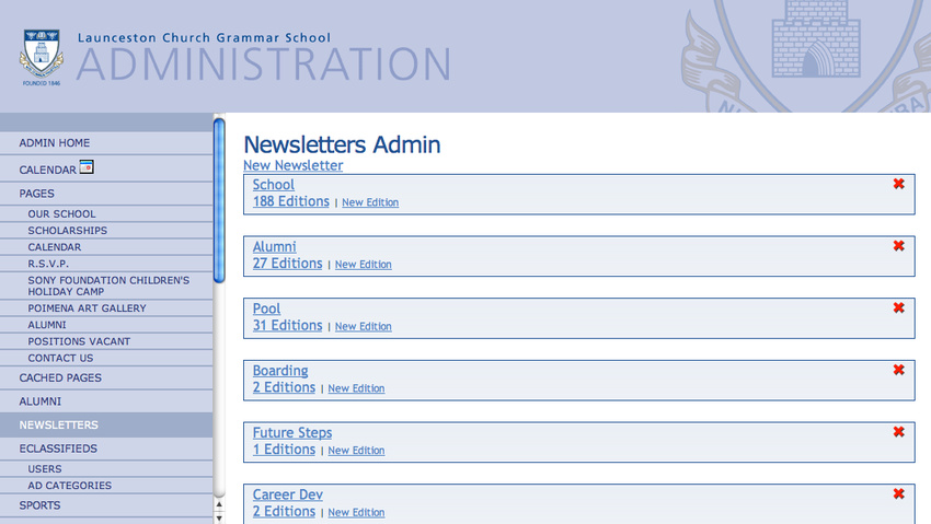 Newsletter administration - note multiple newsletters, multiple editions per newsletter and multiple articles per edition