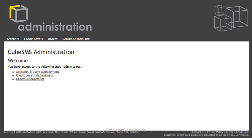 Super-user section for overall account, user, purchases and pricing settings. Also enables superuser to log in as any user.