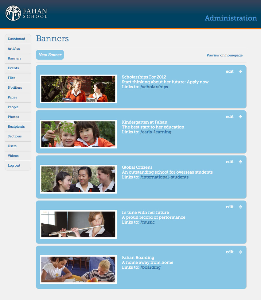 Banners administration for homepage