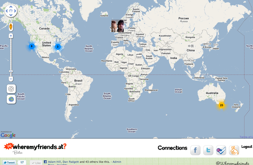 World view; click on clusters to zoom in or click a person's face to get more info on their checkin and link to their profile
