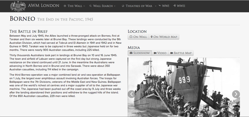 Battle detail pages including world map & wall locator, slideshow and videos