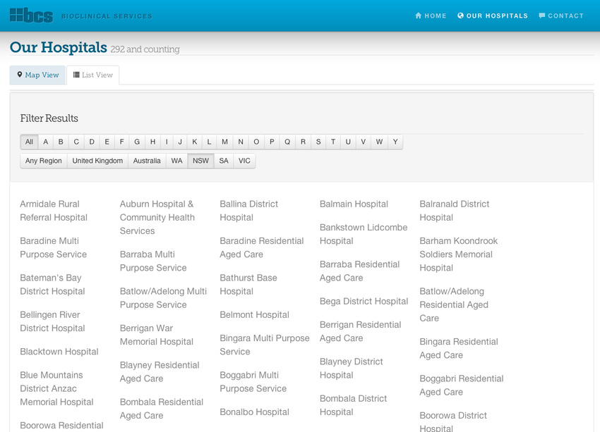 Hospitals list with filtering