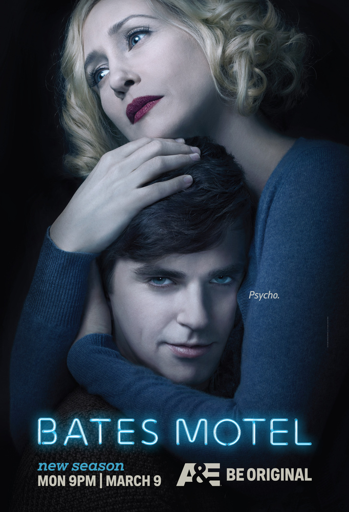 A&E; Network's Bates Motel. Vera Farmiga and Freddie Highmore. Co-produced with: SPARK PRODUCTIONS. Photography by Dylan Coulter