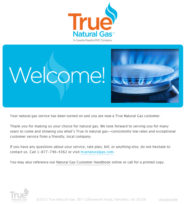 True Natural Gas Welcome Email