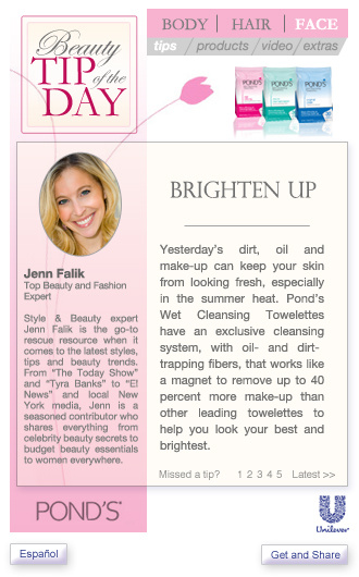 Unilever widget Ponds page