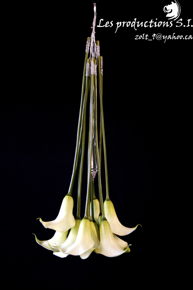 Hanging calla bridal or gala bouquet & jewells. 300.$ Bouquet suspendu de mariée ou gala, callas et bijoux
