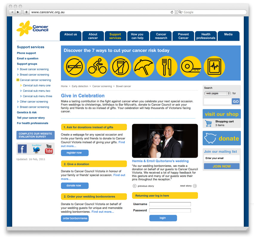 Cancer Council Victoria inner pages redesign. Interaction design for fundraising area.