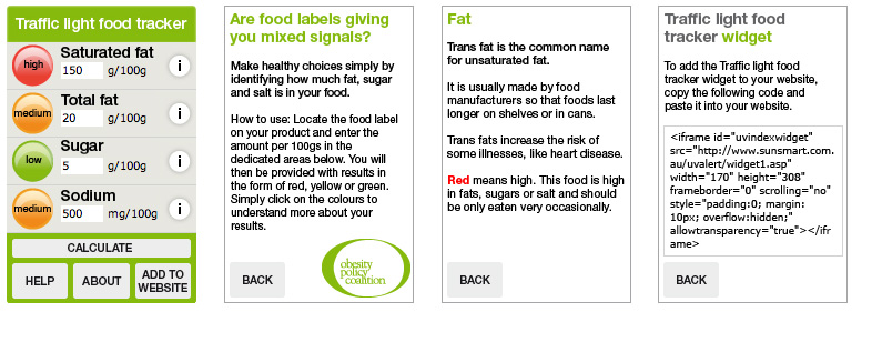 Food calculator. HTML version of iPhone app, for the Australian Obesity Coalition.