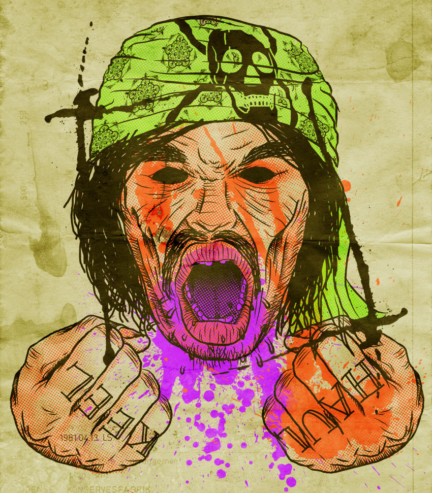 "Talk Like a Pirate ! " . I did it for fun . The tattoo on his hands say "Keelhaul" , which is a truly vicious punishment .
