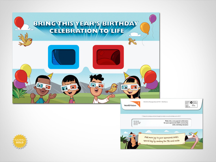 Birthday Direct Mail – Envelope with built-in 3D anaglyphic glasses. View the 3D card inside from large window on the back.