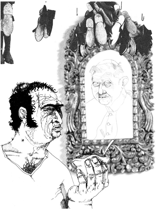 Title: About the man uglier and scarier than Ratzinger, Artist: James Tuomey, Medium: Pen, Ink, Collage, PRICE €60