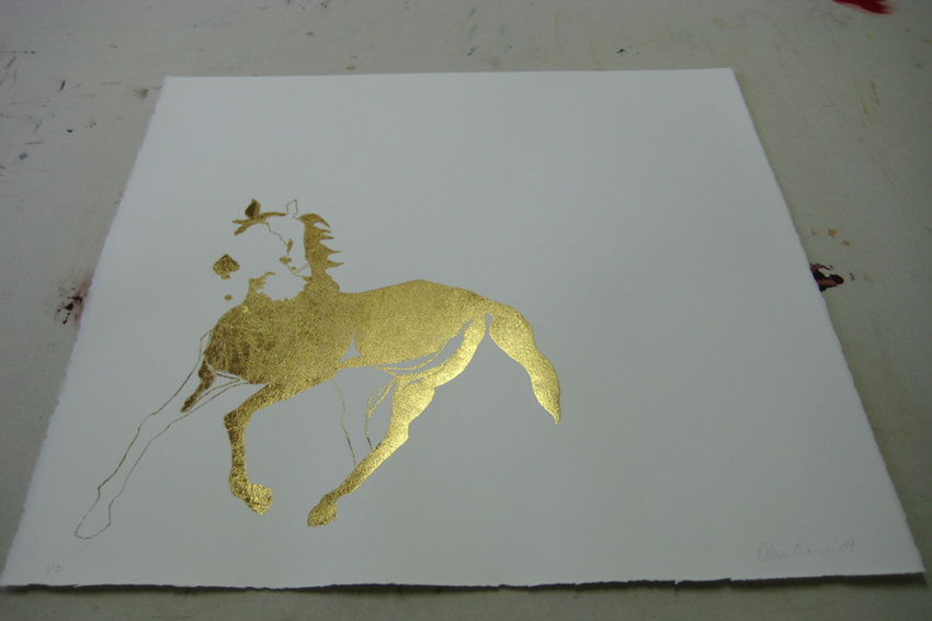 Title: Surely God Has A Golden Horsey, Artist: Olga Tiernan, Medium: Gold foil print on summerset paper, PRICE €350 (SOLD)