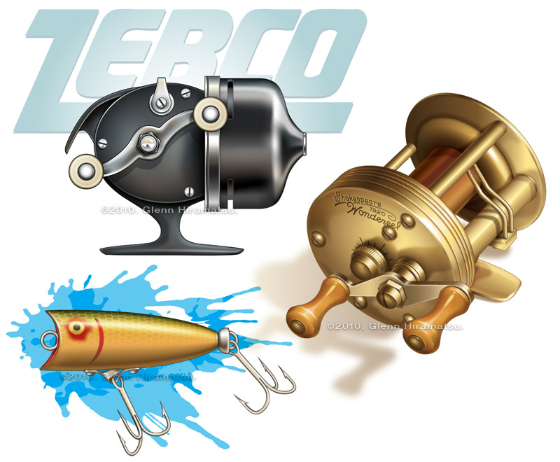 Classic Zebco and Shakespeare reels. Vintage bass crankbait. ©2012. Glenn Hiramatsu.