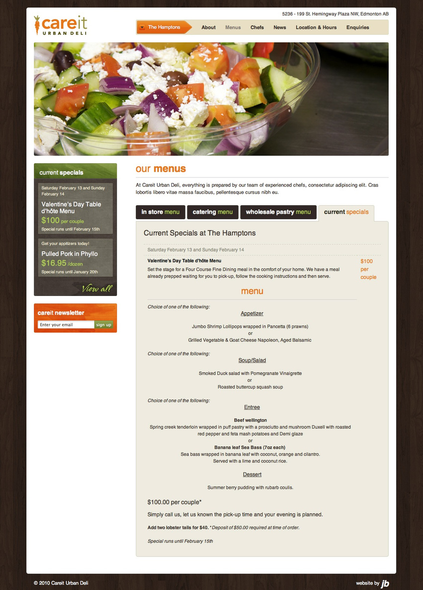 Careit Urban Deli (www.careit.ca) - Design, XHTML & CSS, PHP Development with CodeIgniter, Custom Admin, Photography