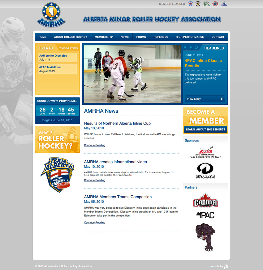 Alberta Minor Roller Hockey Association (www.amrha.com) - Design, XHTML & CSS, PHP Development with CodeIgniter, Custom Admin