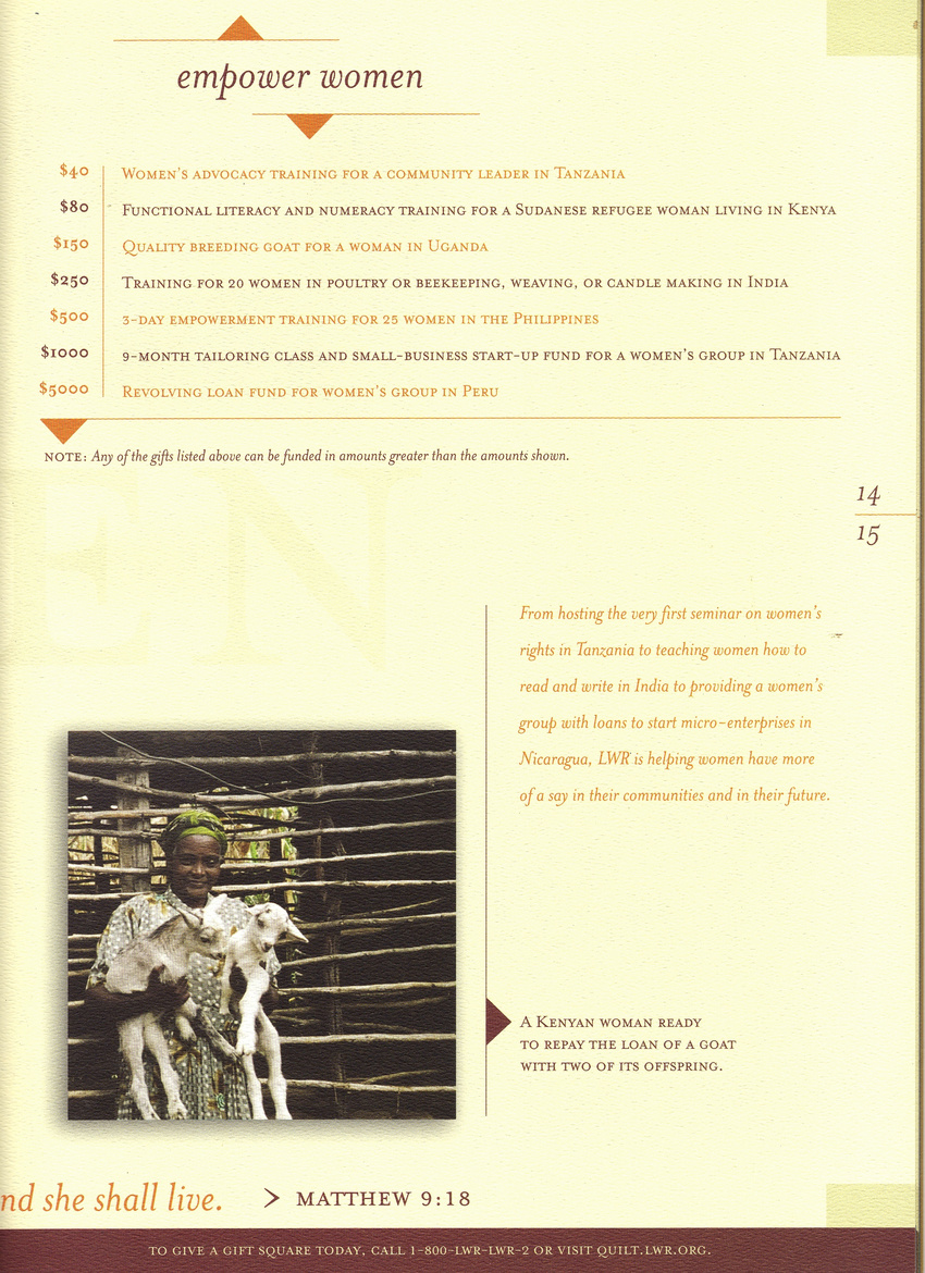 2nd page of sample spread from LWR fundraising catalog