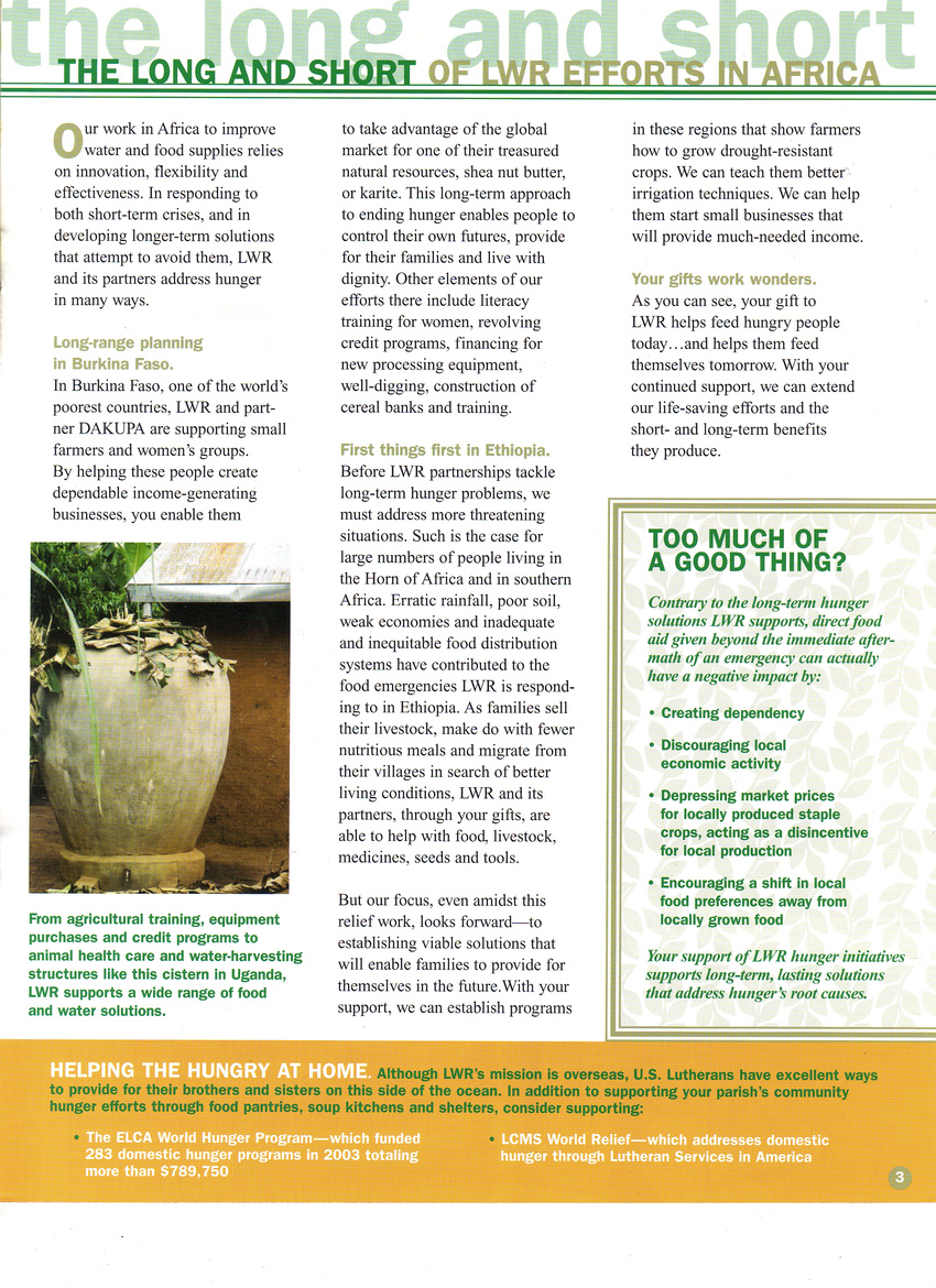 Food security newsletter for Lutheran World Relief
