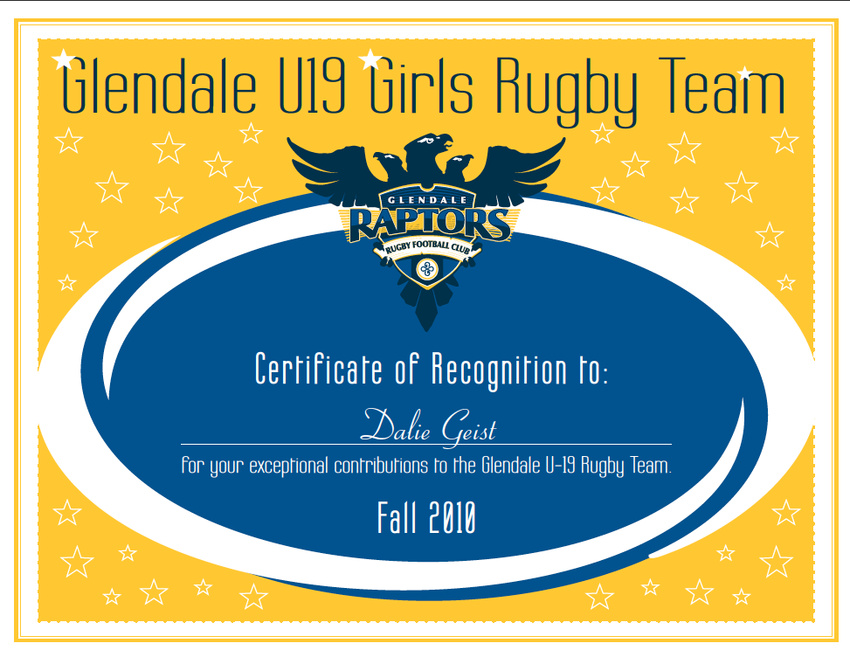 Glendale High School Girls Award Certificate
