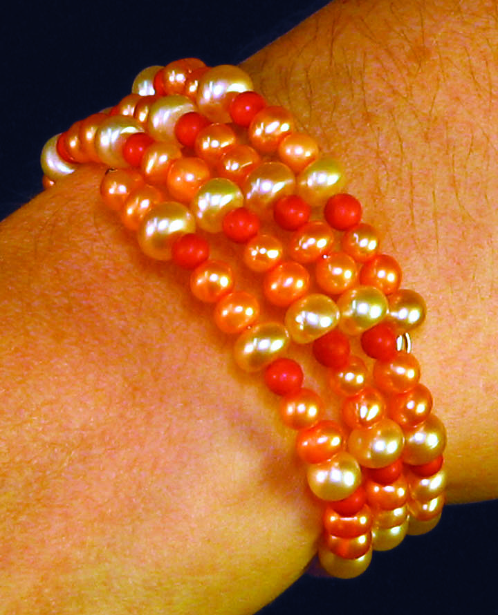 Pearl & Coral Beads Memory Wire Bracelet