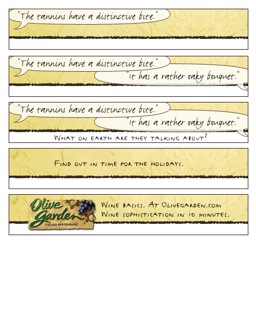 Storyboard for Olive Garden banner ad: this led to a 'wine basics' of the site. (CTA frame not included)