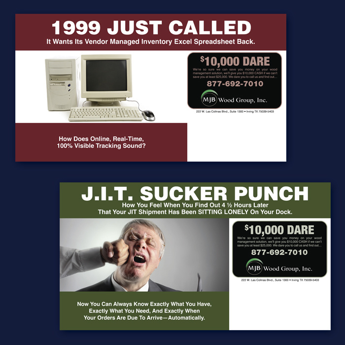 All Design for a Mailer Series for MJB Wood Distributors