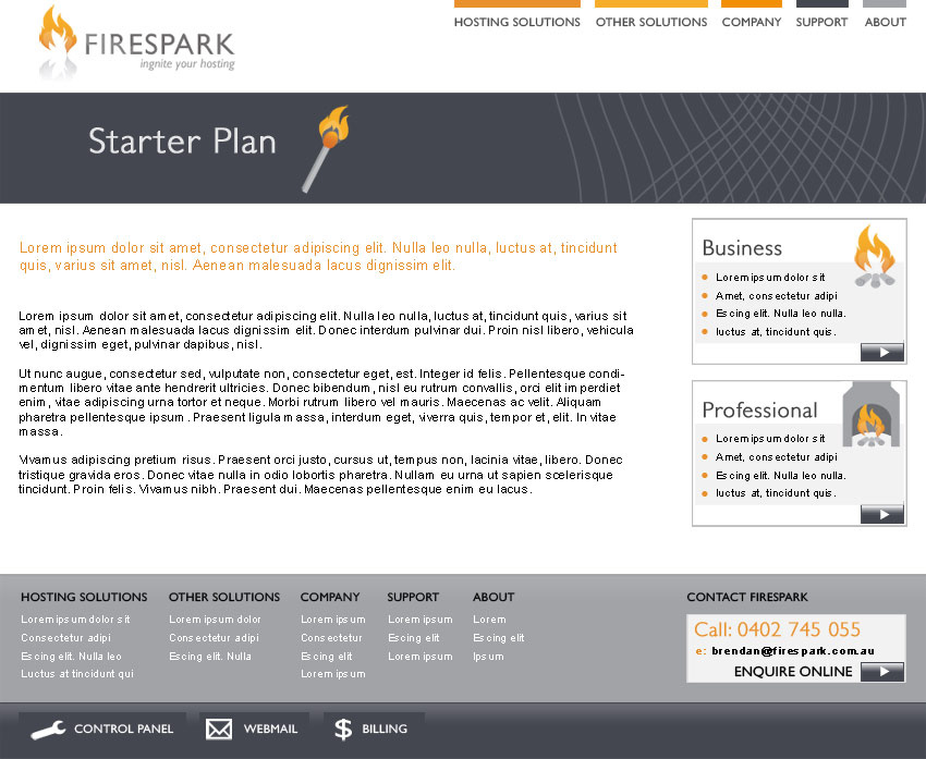Secondary page design for www.firespark.com.au