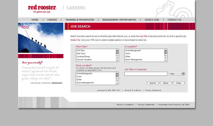 Secondary page design for Red Rooster microsite
