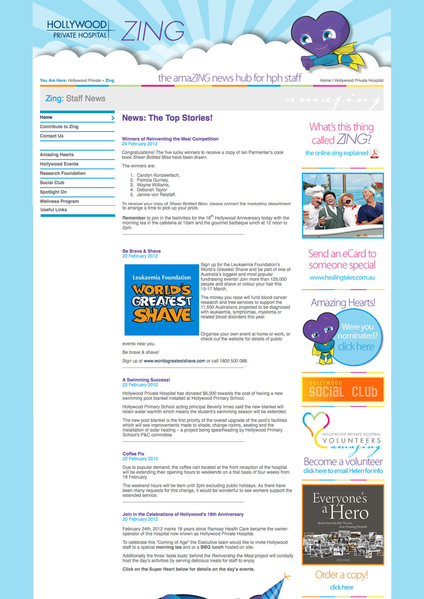 Web shell design for Hollywood Private Hospital's internal staff website.