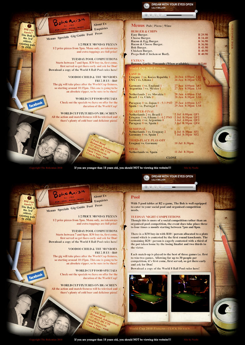 The Bohemian | Pub | Pool | Pizza | Music | Non-traditional aesthetic crafted using FLASH | PHP | XML | www.thebo.co.za