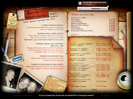The Bohemian | Pub | Pool | Pizza | Music | Non-traditional aesthetic crafted using FLASH | PHP | XML | www.thebo.co.za