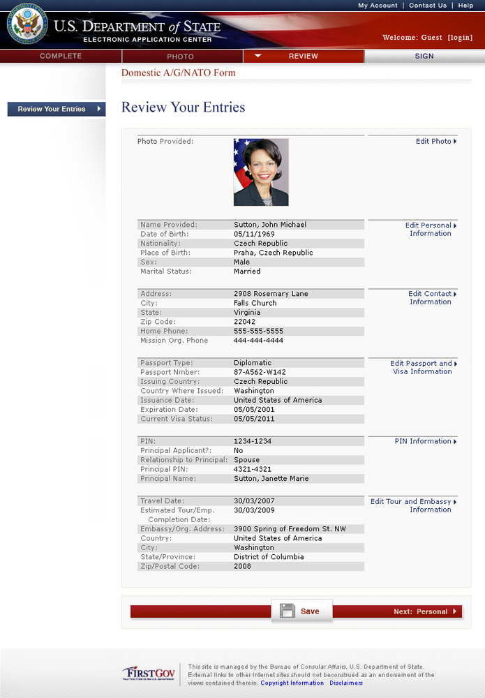 Passport Application, Form Review page