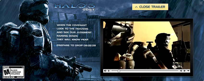 Expanding unit for Halo 3: ODST featuring 30-second game trailer.