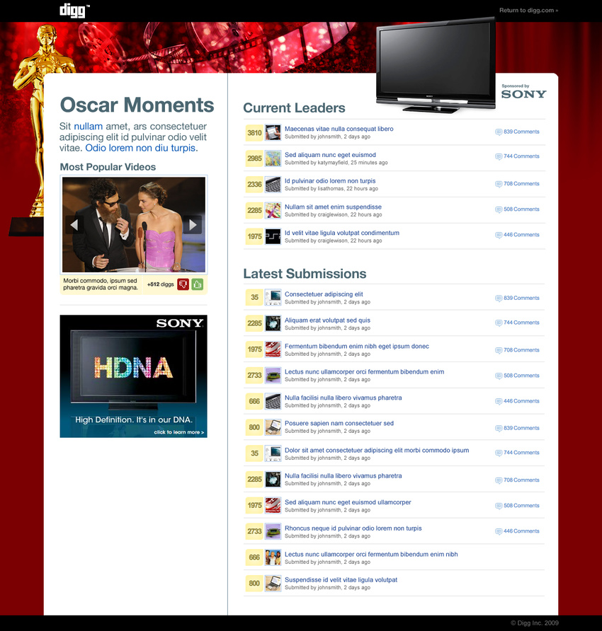 Sponsored content hub pitch for Sony featuring Oscar-related stories and video widget.