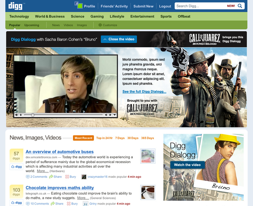 Expanding video unit for Digg Dialogg featuring Sacha Baron Cohen as "Bruno". Sponsored by Ubisoft's "Call of Juarez".