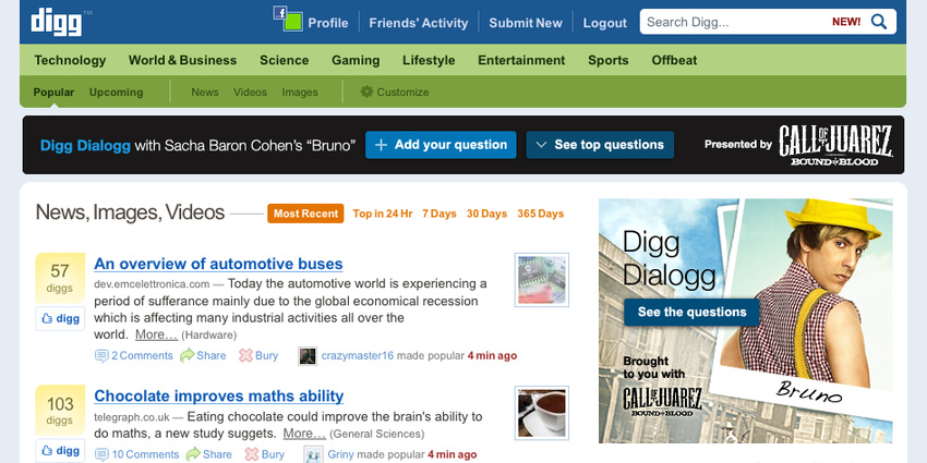 Expanding questions unit for Digg Dialogg featuring Sacha Baron Cohen as "Bruno" (closed version) with accompanying 300x250 unit