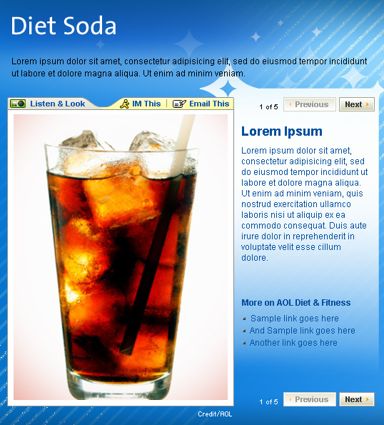 Design for AOL Diet & Fitness soft drink widget.