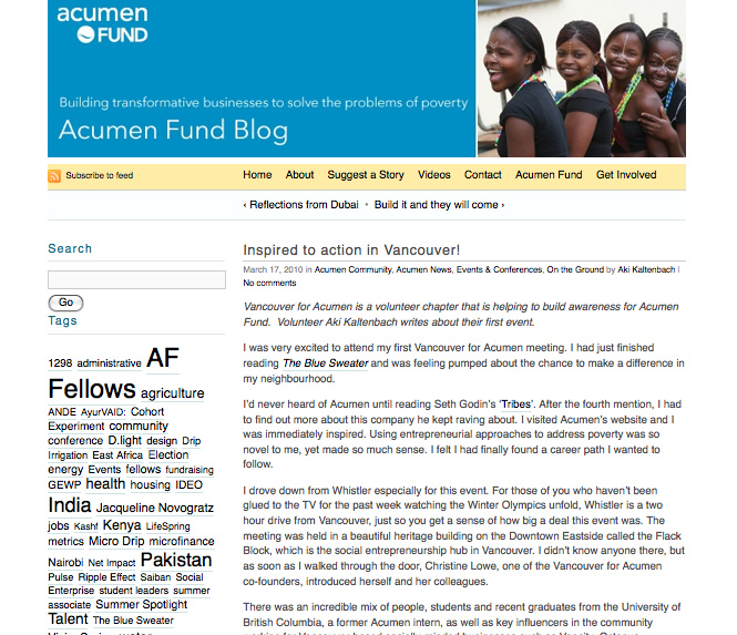 Our event was even featured on the Acumen Fund blog. Check us out! http://bit.ly/cY1QZ3