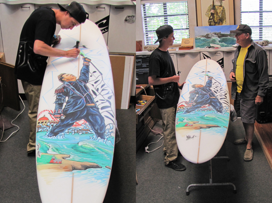 Kevin Walsh finishing surfboard for James Durbin