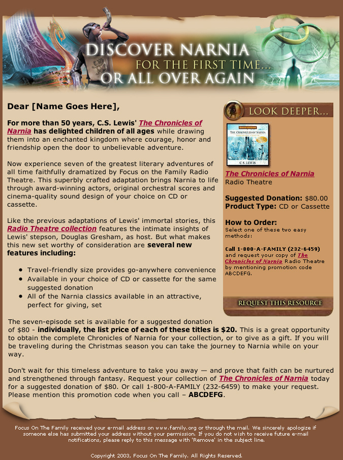 Narnia Marketing Email for Focus on the Family