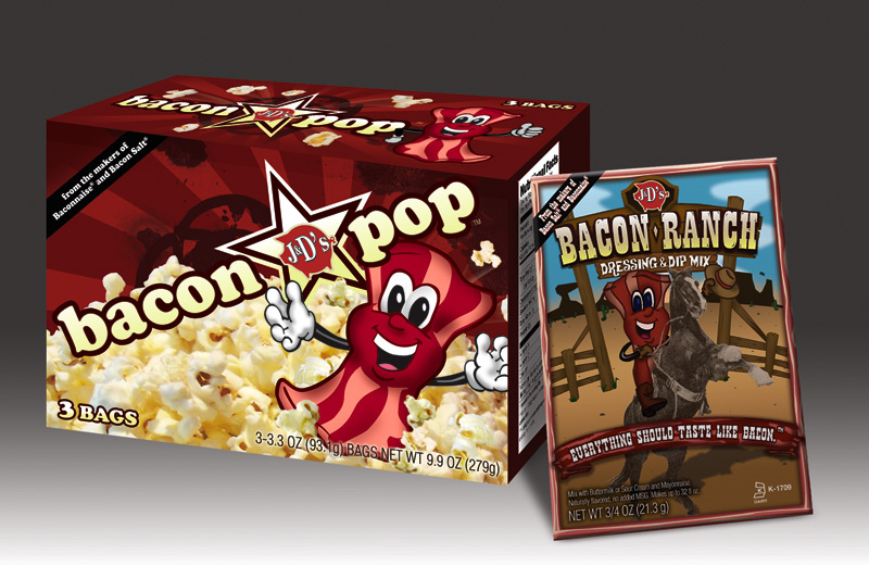 Product packaging for J&D Foods - BaconPOP! and Bacon Ranch Dressing & Dip Mix