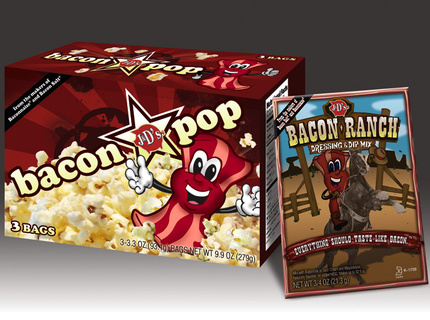 Product packaging for J&D Foods - BaconPOP! and Bacon Ranch Dressing & Dip Mix