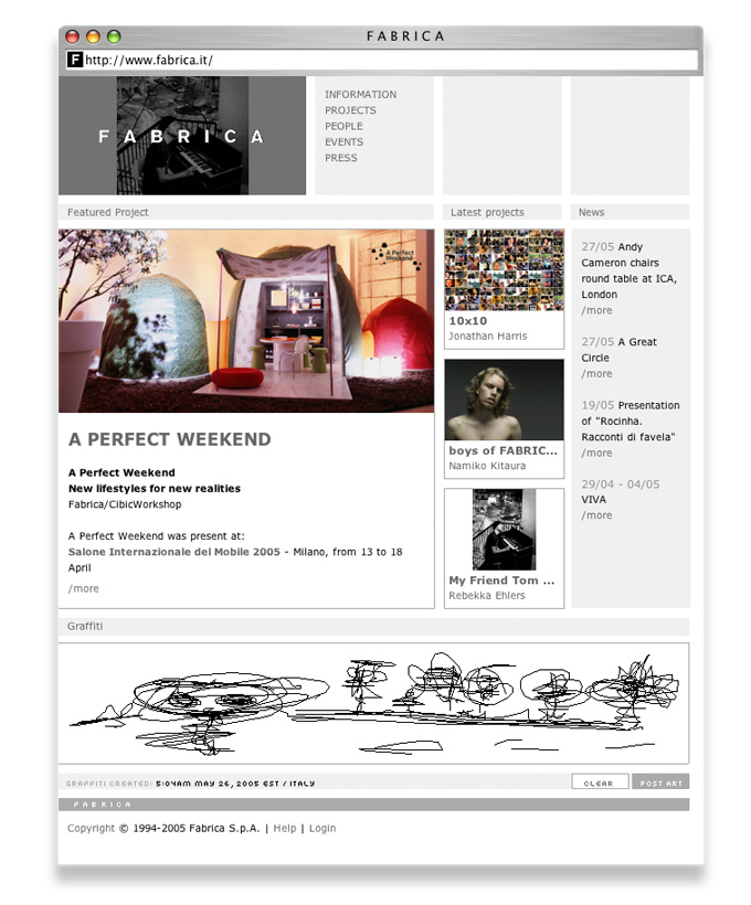 Fabrica.it - Project management, interface design, qa testing. Creative Director: Andy Cameron, Art Director: Jonathan Harris.