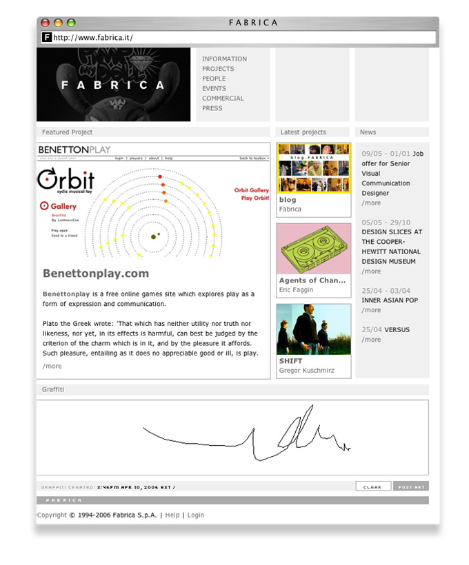 Fabrica.it - Project management, interface design, qa testing. Creative Director: Andy Cameron, Art Director: Jonathan Harris.