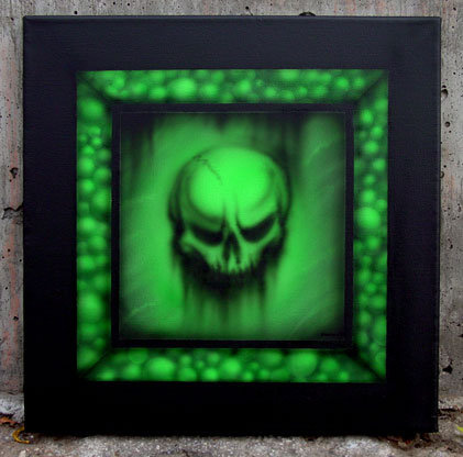 Airbrushed green glowing skull - 10x10" canvas