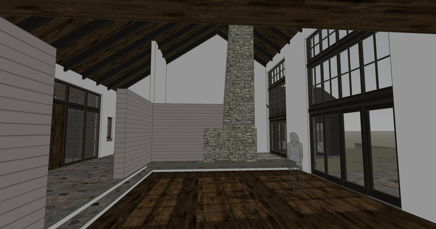 Living Room and vaulted space with raised hearth fireplace.