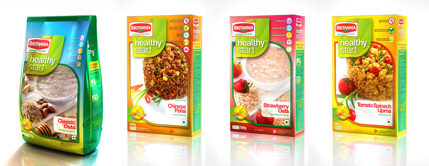 Designed Identity + Packaging Design for India's Britannia: Healthy Start line of instant breakfast meals.