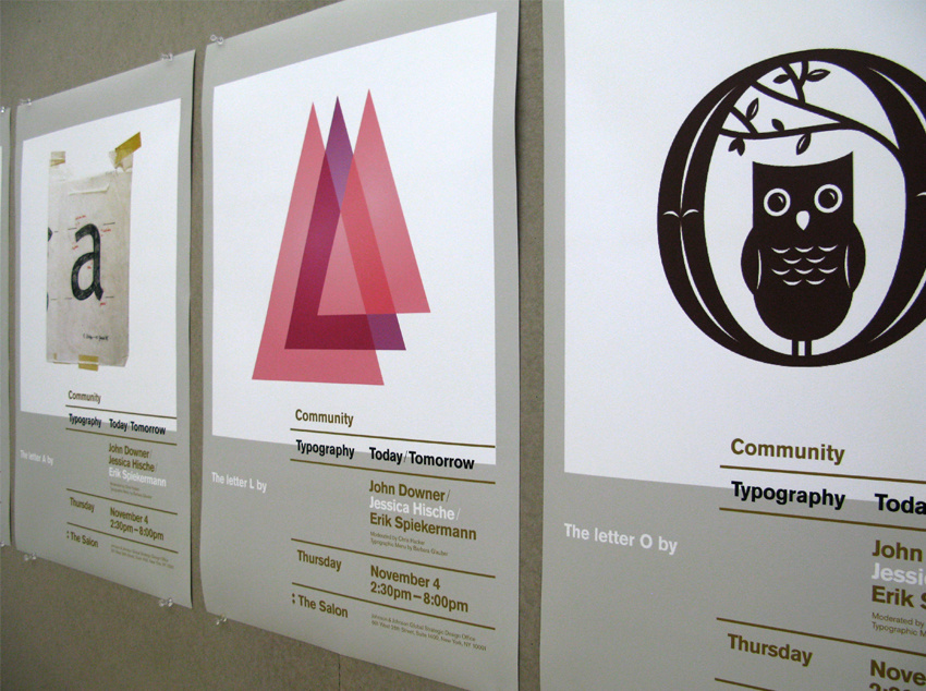 Posters for the autumn 2010 Salon speaking event at Johnson & Johnson. Letterforms by John Downer (S, N), Erik Spiekerman (A), a