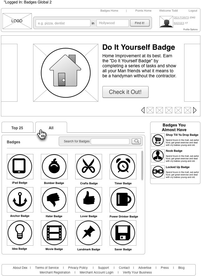 social media badges and points proposal wireframe